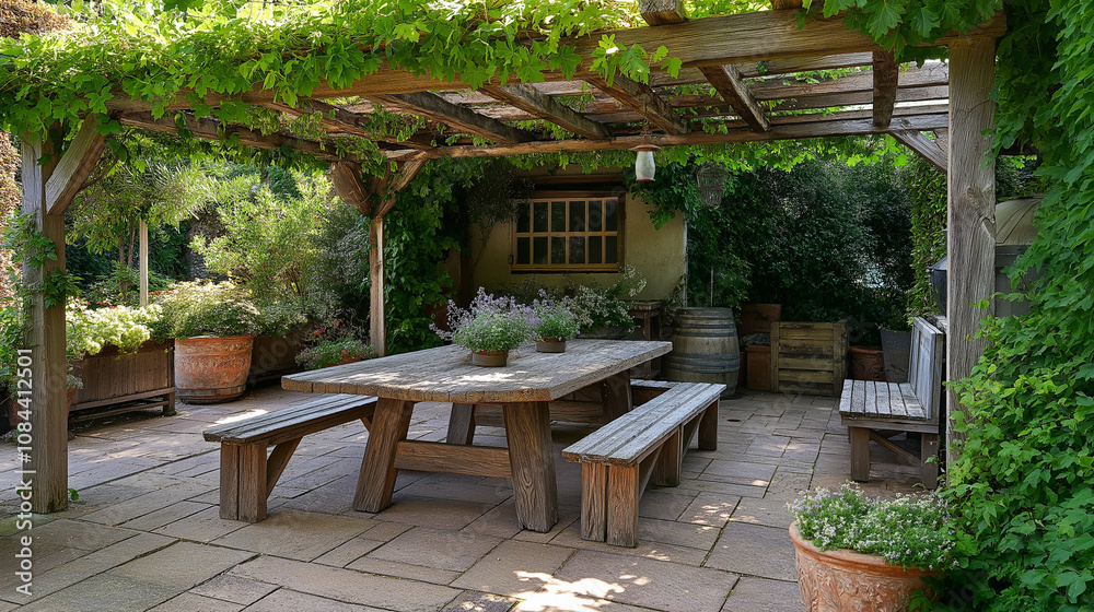 A charming outdoor patio with rustic wooden furniture, including a large dining table and benches, shaded by a pergola covered in climbing plants. A charming outdoor patio with rustic wooden furniture, including a large dining table and benches, shaded by a pergola covered in climbing plants.