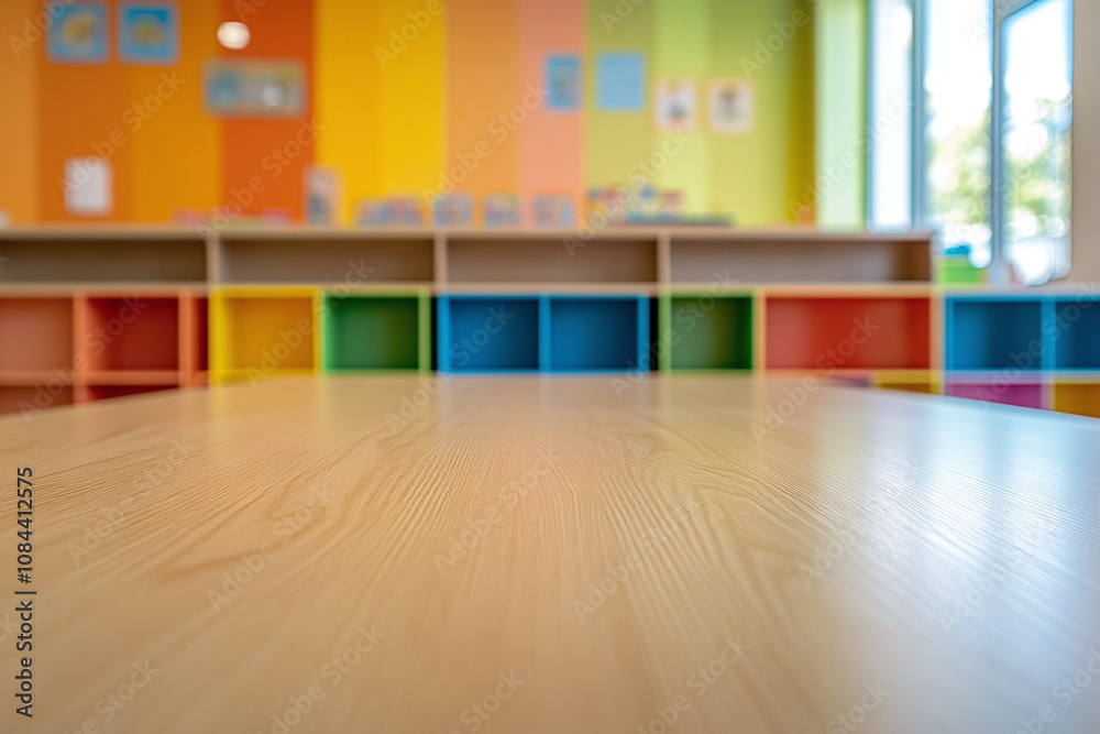 Minimalist children's learning space with empty light wood table, colorful storage units blurred in background. Minimalist children's learning space with empty light wood table, colorful storage units blurred in background.