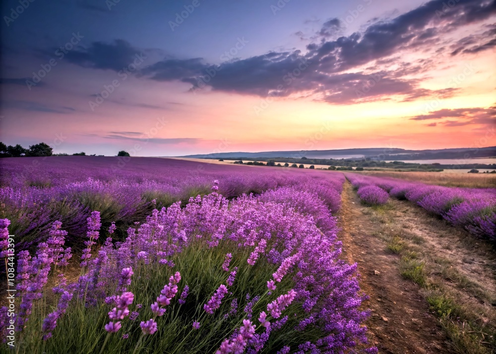 Obraz premium Captivating Long Exposure of Lavender Fields Under a Twilight Sky with Soft Blurred Motion Creating a Dreamy Atmosphere for Nature Lovers and Garden Enthusiasts