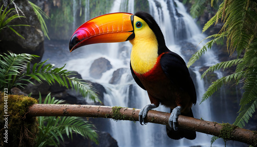 Wallpaper Mural A vibrant toucan stands on a branch against a stunning waterfall backdrop, showcasing the beauty of tropical wildlife in a lush environment. Torontodigital.ca
