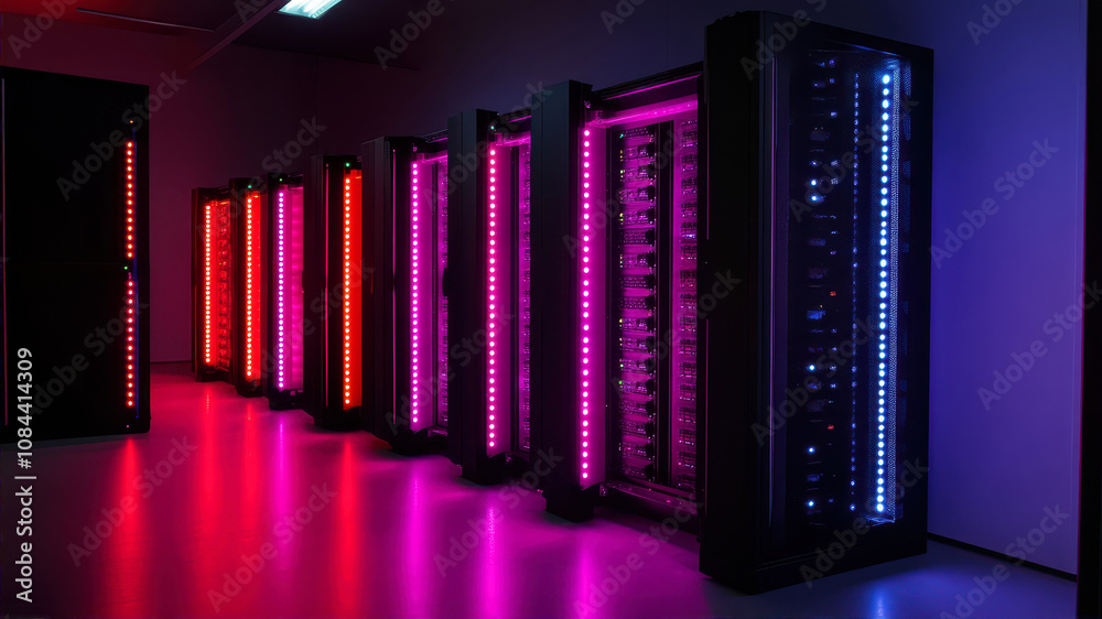 Obraz premium A Vibrant Display of Glowing Network Servers in a High-Tech Environment During Nighttime Hours