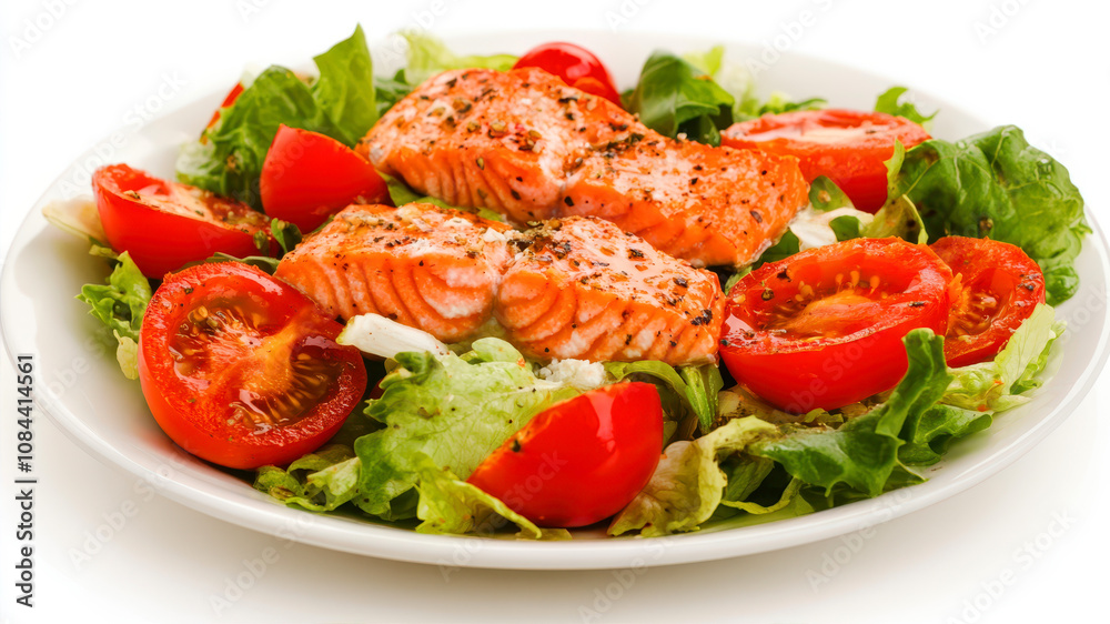 Fresh Salad With Grilled Salmon, Tomatoes, and Greens Served on a White Plate for a Healthy Meal Fresh Salad With Grilled Salmon, Tomatoes, and Greens Served on a White Plate for a Healthy Meal