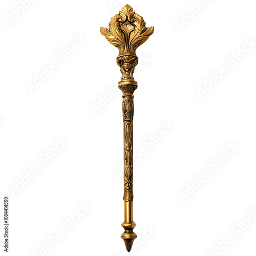 Golden scepter with ornate acanthus leaf design, symbolizing royalty, leadership, and authority, isolated on transparent background photo