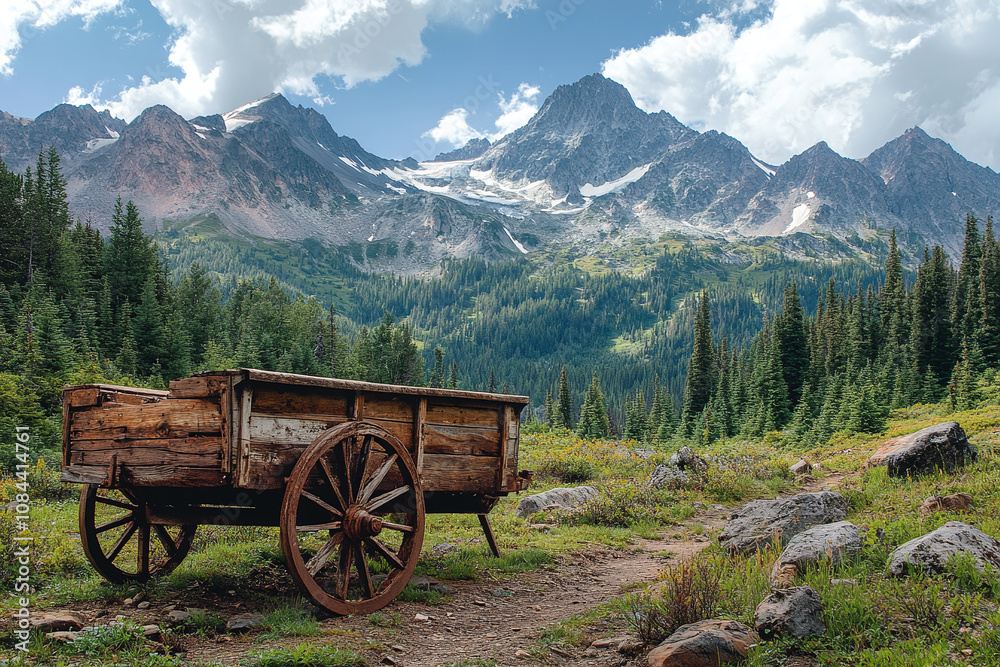 Fototapeta premium Old wooden cart in the mountains.