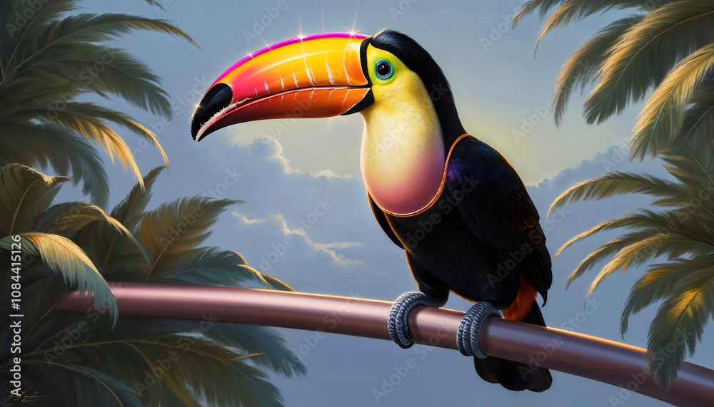 Obraz premium Colorful toucan resting on a branch, surrounded by vibrant tropical foliage, capturing the essence of nature's beauty in a serene paradise.