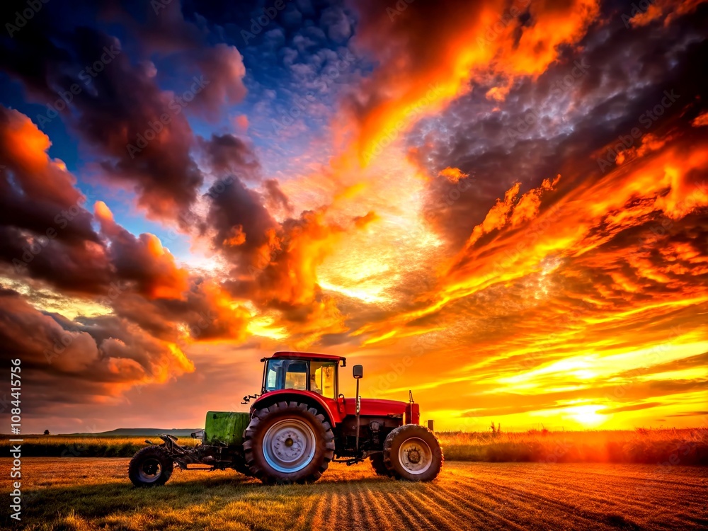 Obraz premium Captivating Night Photography of a Rustic Tractor Silhouetted Against a Vibrant Sunset with Dramatic Skies and Colorful Clouds, Perfect for Agricultural and Landscape Themes