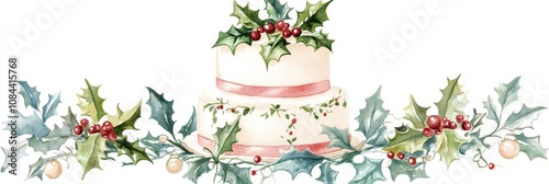 Watercolor Christmas wedding cake with holly, berries, festive, winter, celebration. photo