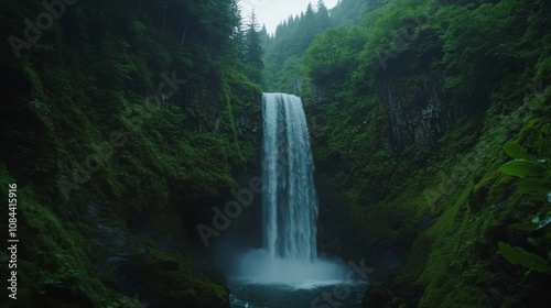 Majestic Waterfall in Lush Green Forest