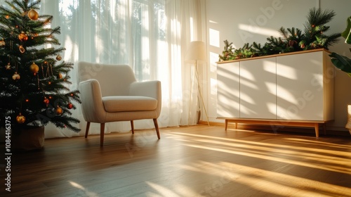 A cozy living room bathed in sunlight with a beautifully decorated Christmas tree and a modern armchair, depicting warmth and comfort during the holiday season. photo