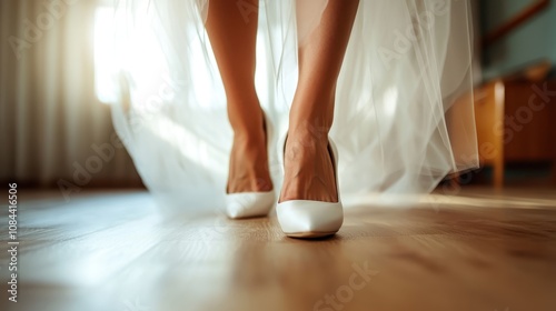 A bride glides gently across the wooden floor, visible in her white dress and elegant white shoes, embodying poise and grace, softly lit with daylight. photo