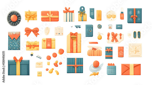 Vector illustration with multiple holiday-themed presents, tags, and gift boxes on a white background photo