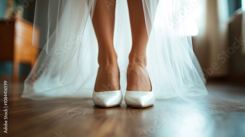 The flowing white dress of a bride contrasts with her pointed white shoes as she stands gracefully on a wooden floor, radiating sophistication and poise in light. photo