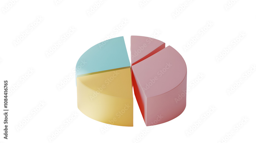 Fototapeta premium Minimalist pie chart with multiple colored segments on a white background, no shadows
