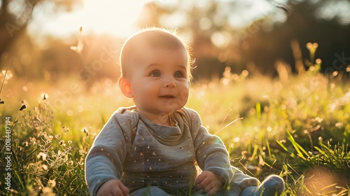 Serene outdoor baby session with soft sunlight photo