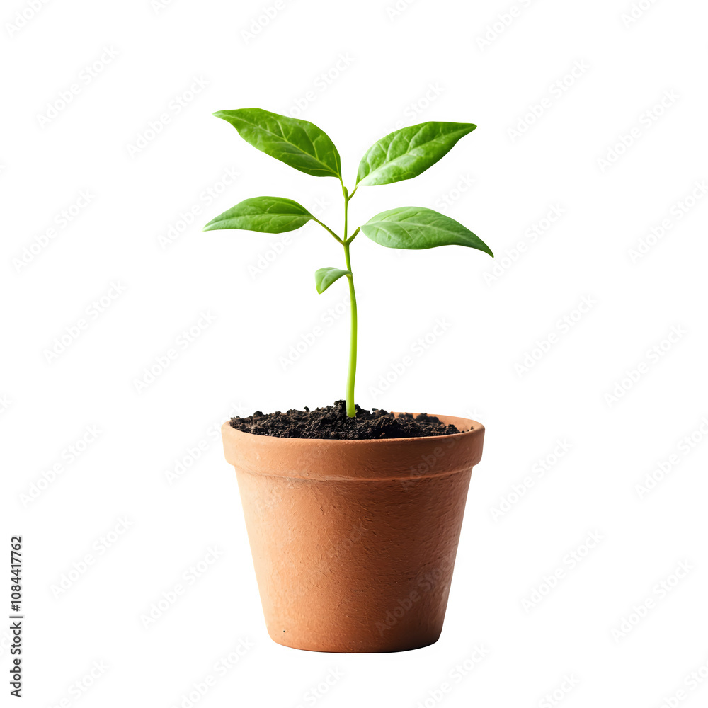 Isolated small plant with green leaves in a terracotta pot against a transparent background Isolated small plant with green leaves in a terracotta pot against a transparent background