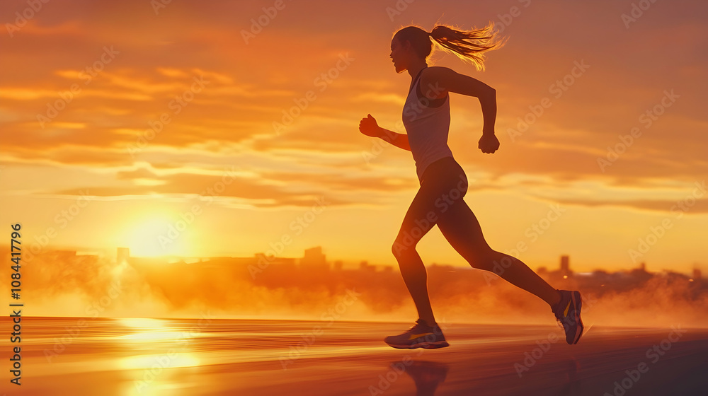 Running on a smooth road during a golden sunset, showcasing athleticism and determination with vibrant colors of freedom and energy. 4k image Running on a smooth road during a golden sunset, showcasing athleticism and determination with vibrant colors of freedom and energy. 4k image