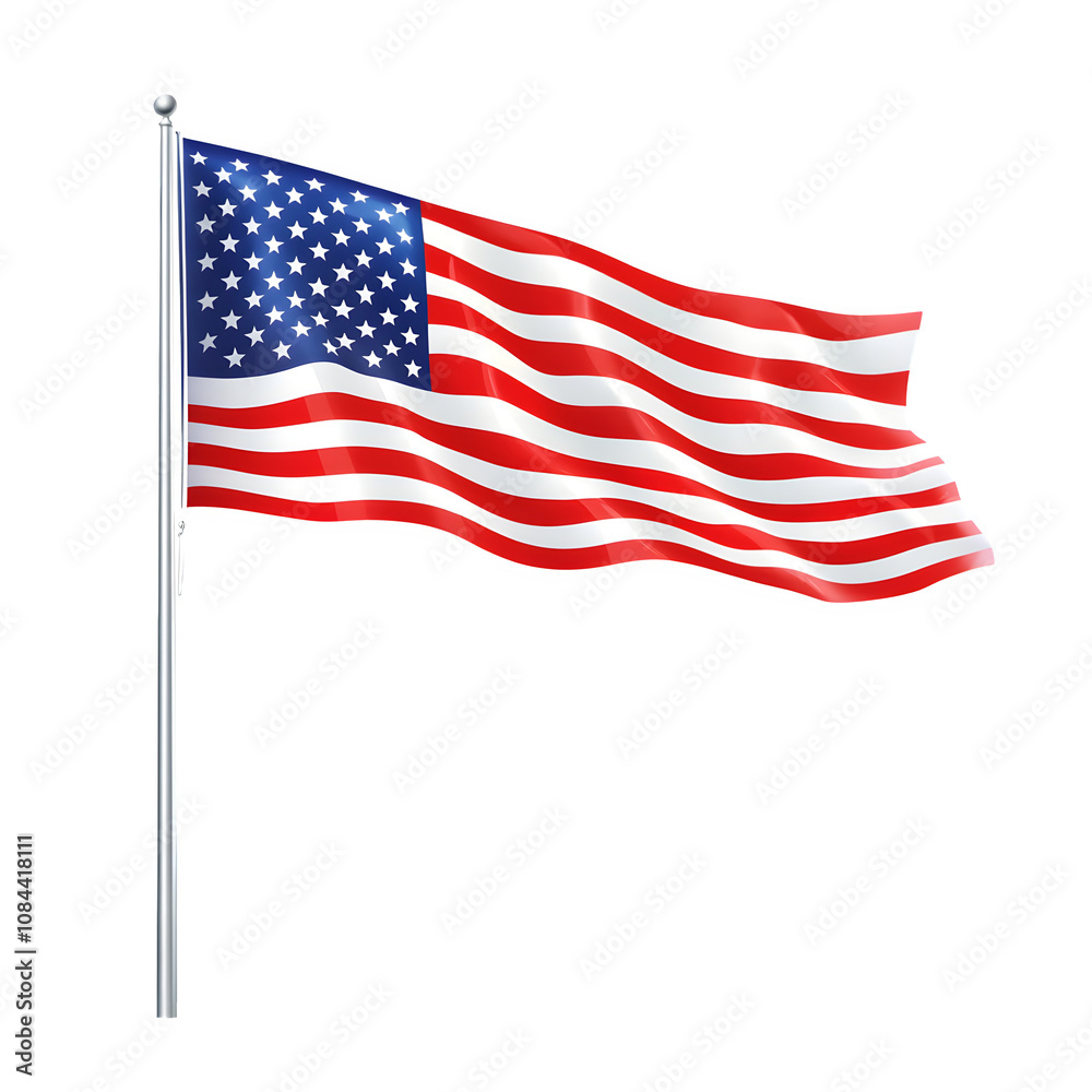 Fototapeta premium Realistic american flag waving in the wind on a transparent background, perfect for patriotic projects