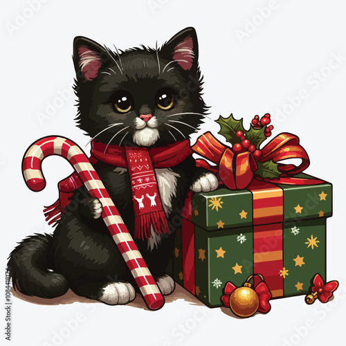 Black kitten and gift box Christmas vector illustration stock illustration