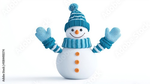 Cheerful snowman with blue accessories.
