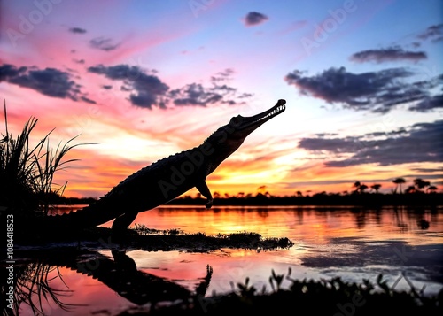 Captivating Silhouette of a False Gavial (Tomistoma schlegelii) at Dusk, Showcasing Its Elegant Form Against a Vibrant Sunset Background in a Serene Wetland Setting photo