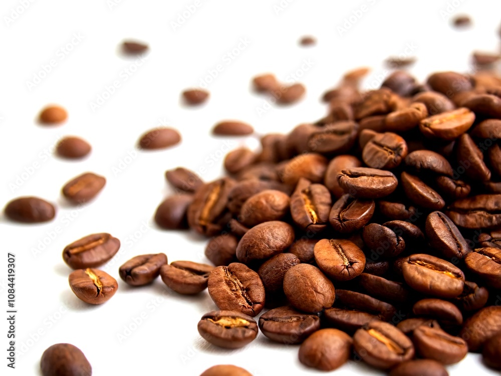 Captivating Tilt-Shift Photography of a Pile of Coffee Beans on White Background for Gourmet Coffee Lovers and Food Enthusiasts Captivating Tilt-Shift Photography of a Pile of Coffee Beans on White Background for Gourmet Coffee Lovers and Food Enthusiasts