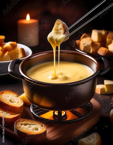 A pot of cheese fondue with bread pieces, styled on a table with a hand holding a skewer dripping with melted cheese