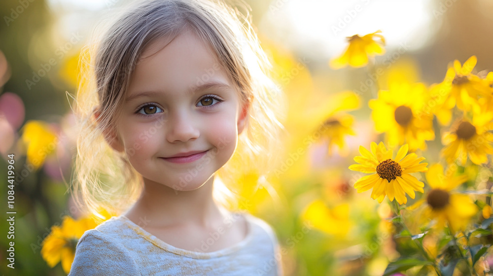 Fototapeta premium Young girl smiling among bright yellow flowers in a sunny garden during springtime