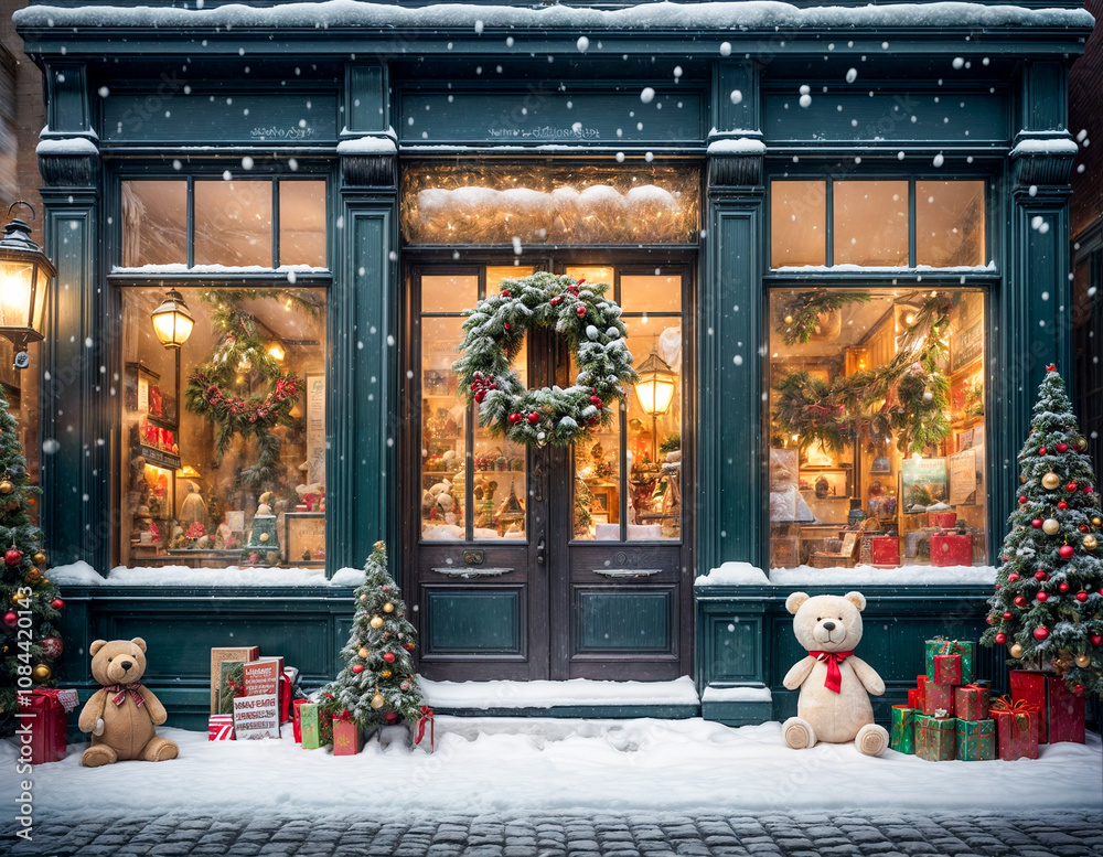 Christmas Storefront with Festive Decorations Christmas Storefront with Festive Decorations