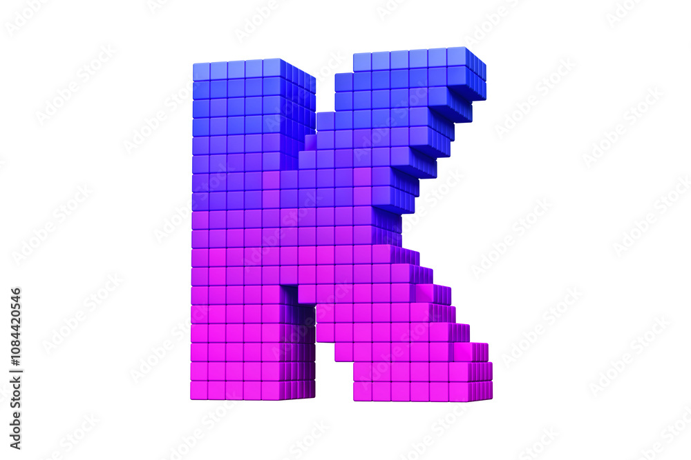 Chiptune typography pixel art style letter K in pink and blue. High definition 3D rendering. Chiptune typography pixel art style letter K in pink and blue. High definition 3D rendering.