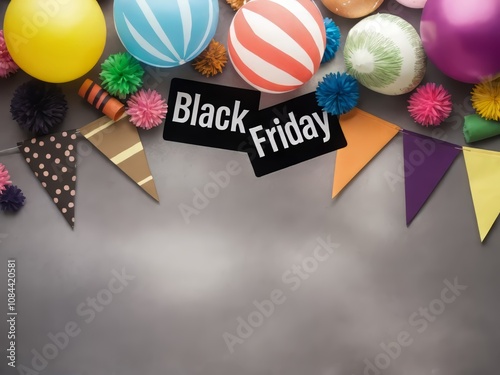 Black Friday, Bright festive composition, multi-colored balloons, pom-poms, flags are scattered chaotically on a gray background. Design template for Black Friday sale, promotion, advertising  photo