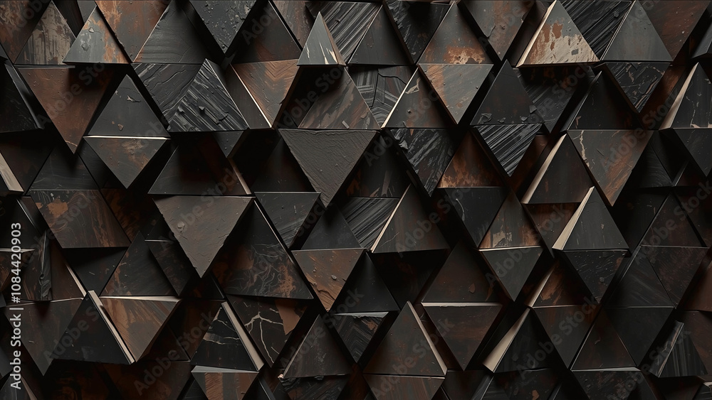 Polished, Semigloss Wall background with tiles. Triangular, tile Wallpaper with 3D, Black blocks. 3D Render. Polished, Semigloss Wall background with tiles. Triangular, tile Wallpaper with 3D, Black blocks. 3D Render.
