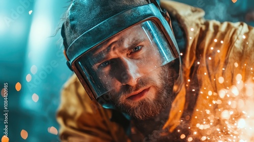 A man wearing protective gear concentrates while welding, with a dramatic display of sparks, highlighting skill and dedication in an industry setting. photo