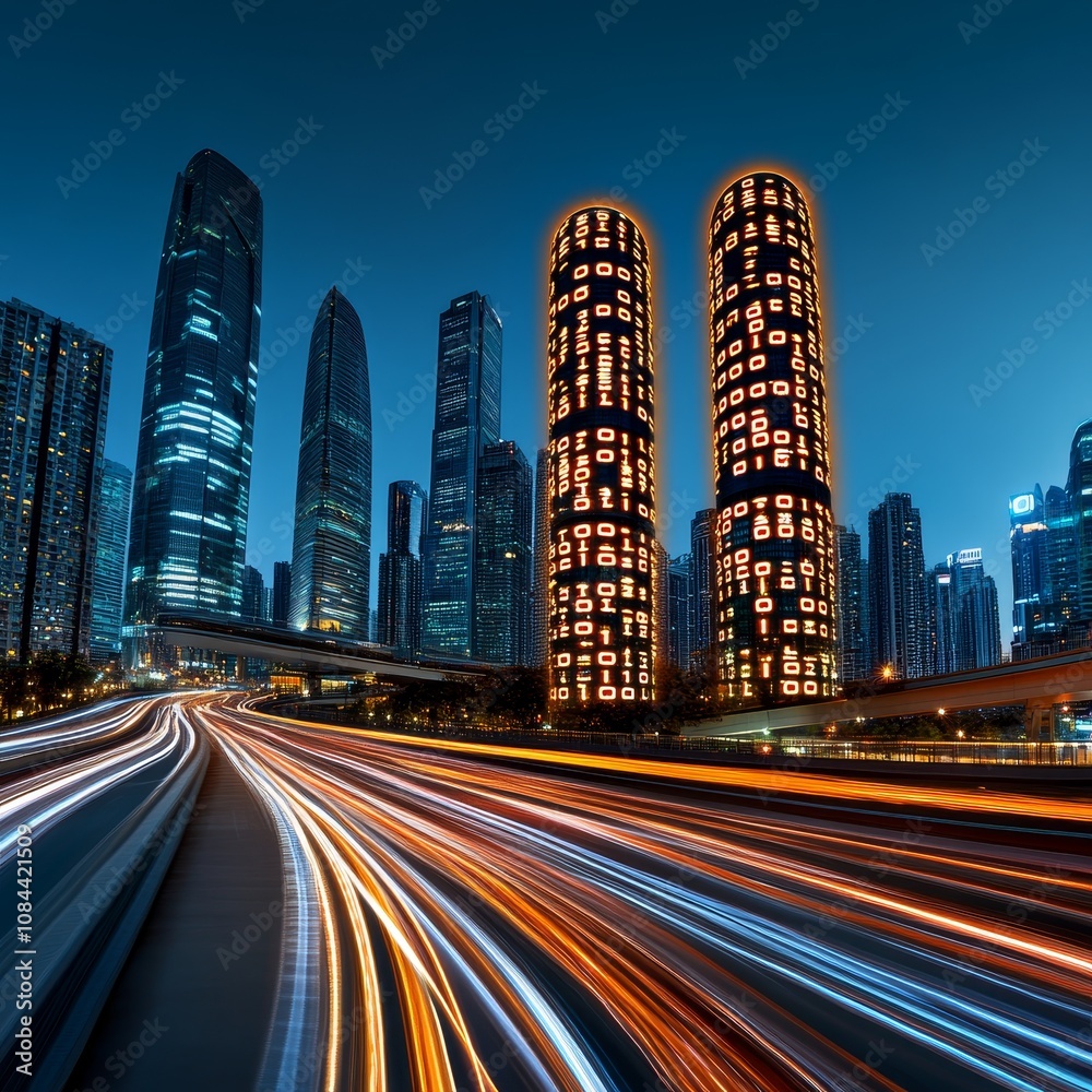 Obraz premium Cityscape with Binary Code Skyscrapers and Light Trails