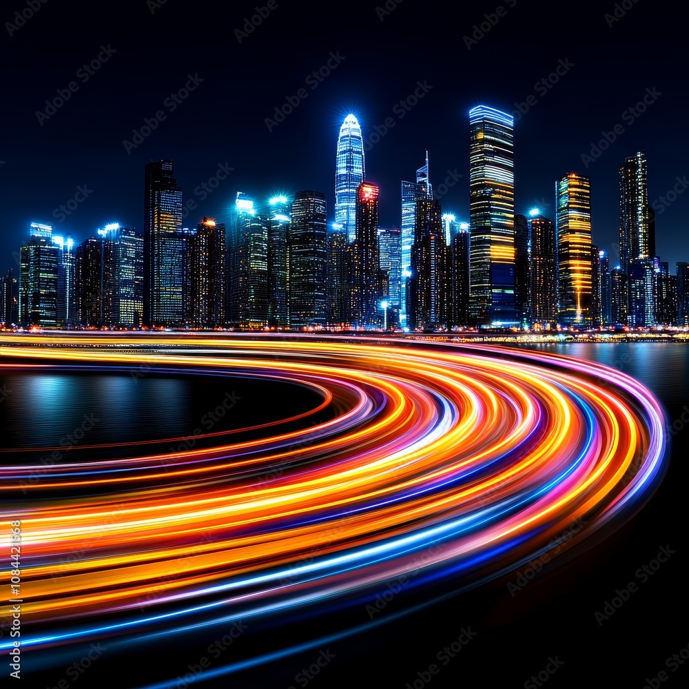 Fototapeta premium Night Cityscape with Colorful Light Trails and Skyscrapers