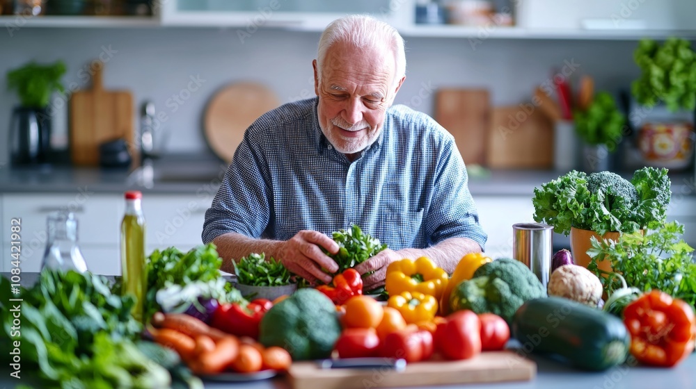 longevity lifestyle vitality. A senior man prepares fresh vegetables in a bright kitchen, surrounded by an array of colorful produce, showcasing a healthy lifestyle. longevity lifestyle vitality. A senior man prepares fresh vegetables in a bright kitchen, surrounded by an array of colorful produce, showcasing a healthy lifestyle.