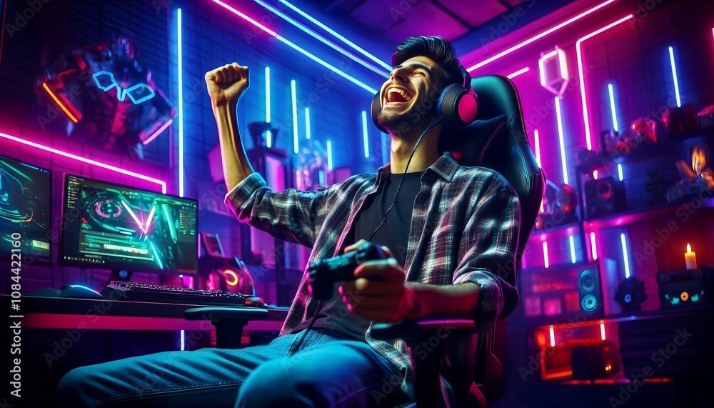 Obraz premium Gamer shouting with happiness and joy on winning