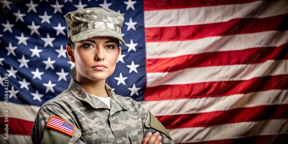 American female soldier in front of an American flag, space for text American female soldier in front of an American flag, space for text
