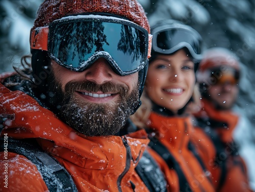 group of friends enjoying winter sports in snow-covered forest, dressed in vibrant ski gear
 photo