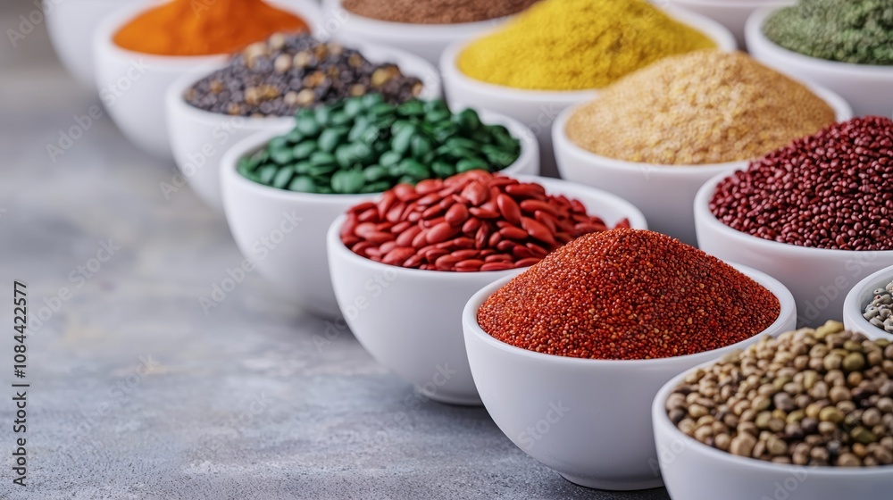 longevity lifestyle vitality. A vibrant array of colorful spices and grains displayed in white bowls, showcasing a variety of textures and hues, ideal for culinary creativity. longevity lifestyle vitality. A vibrant array of colorful spices and grains displayed in white bowls, showcasing a variety of textures and hues, ideal for culinary creativity.