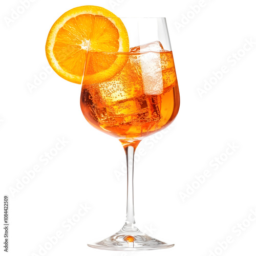 Aperol spritz cocktail, adorned with a fresh orange slice and ice cubes, is displayed against a see-through backdrop