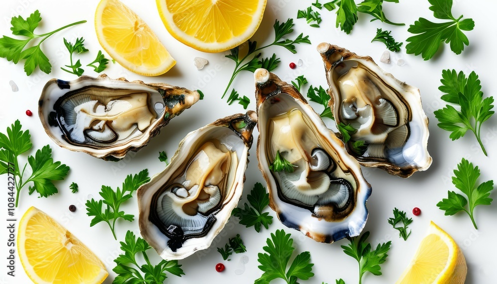 rich people's food, a luxurious snack, sea oysters surrounded by lemon slices and parsley greens, on a white background rich people's food, a luxurious snack, sea oysters surrounded by lemon slices and parsley greens, on a white background