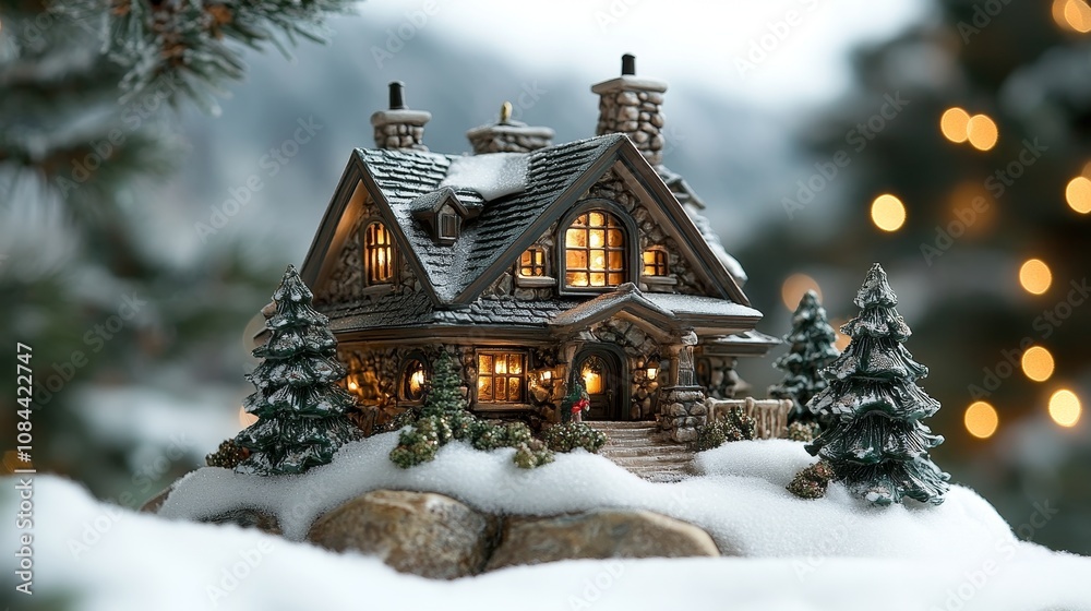Beautiful winter-themed miniature house with lights and snow Beautiful winter-themed miniature house with lights and snow