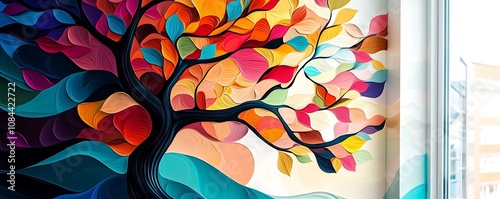 3D abstract wallpaper design featuring a colorful tree with vibrant branches, perfect for wall art.