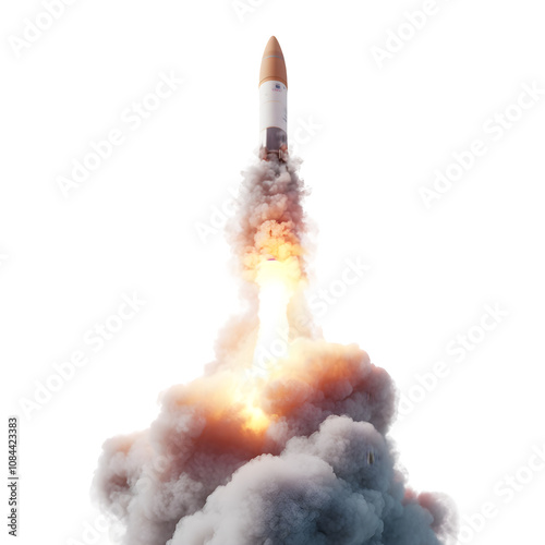 Intercontinental ballistic missile launching with a transparent background, leaving a trail of smoke and fire photo