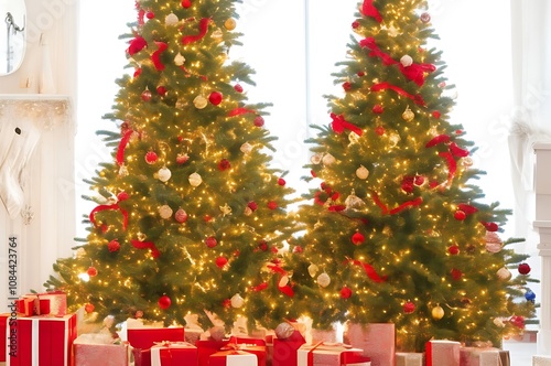 Two sparkling Christmas trees decorated with glowing lights, red ribbons, and gold ornaments stand side by side. The base is surrounded by neatly wrapped presents in red and white, set in a bright, el