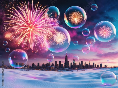 A surreal New Year's celebration with fireworks inside bubbles, creating a fantastical scene of light, color, in the night sky