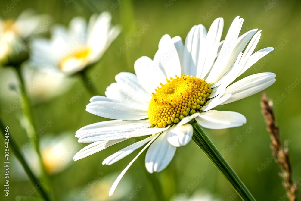 Obraz premium Close-Up of a Beautiful White Daisy Flower with Bright Yellow Center Against a Blurred Green Background, Representing Freshness and Purity in Nature