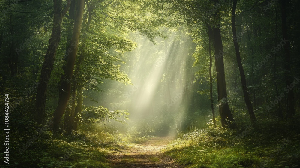 Fototapeta premium Enchanted Forest Pathway - Sunlight Beams Through Trees