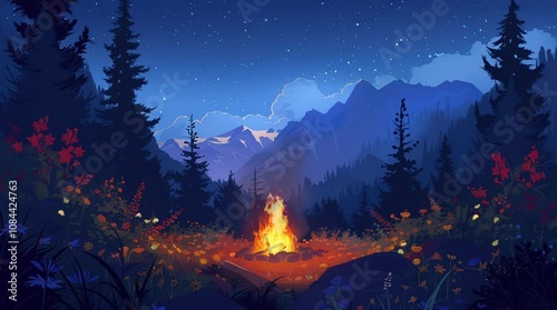 Bonfire glowing on hill beside forest and mountain range under calm starry night sky
Seamless looping 4k time-lapse virtual video animation Generated AI