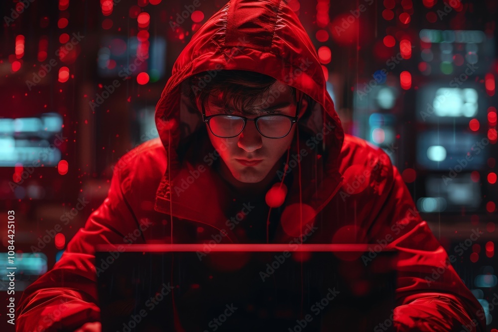 Obraz premium A male hacker working on malicious software looking at his computer screen with red light surrounding him